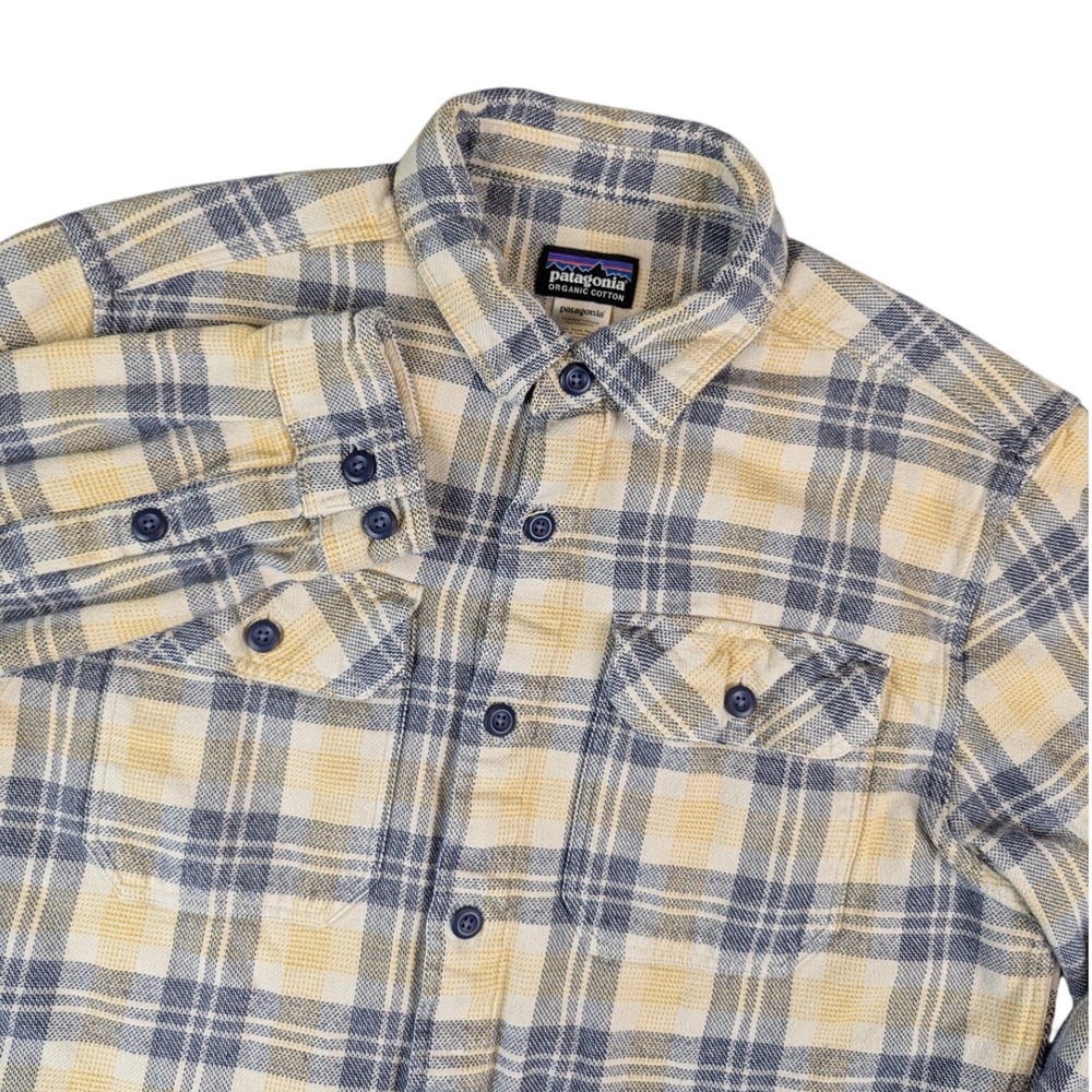 Patagonia Mens Small Organic Cotton Plaid Flannel Button‎ Up Shirt Yellow Blue